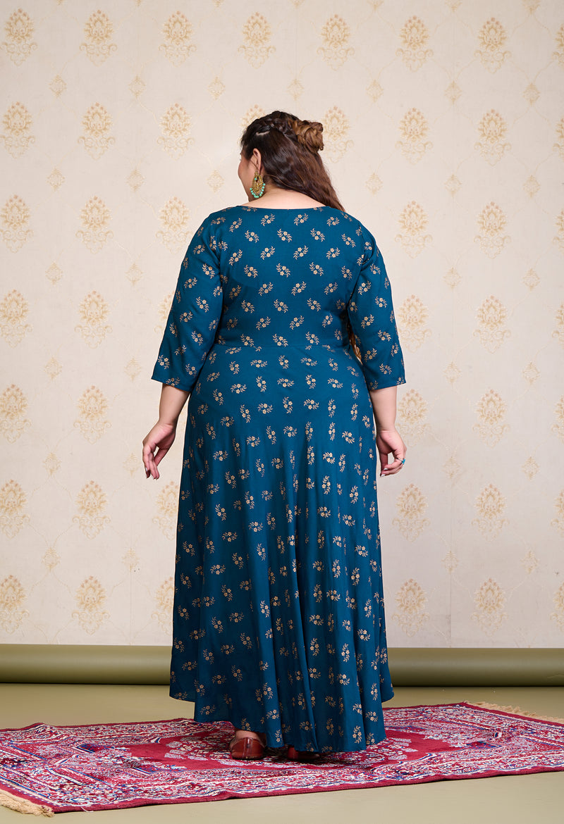 Plus Size Teal Blue Gold Printed Anarkali with Dupatta