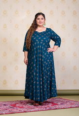 Plus Size Teal Blue Gold Printed Anarkali with Dupatta