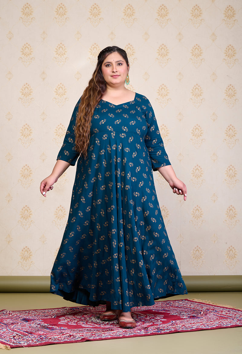 Plus Size Teal Blue Gold Printed Anarkali with Dupatta