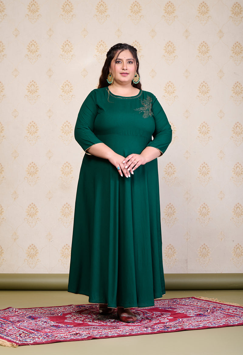 Plus Size Bottle Green Embellished Anarkali with Dupatta