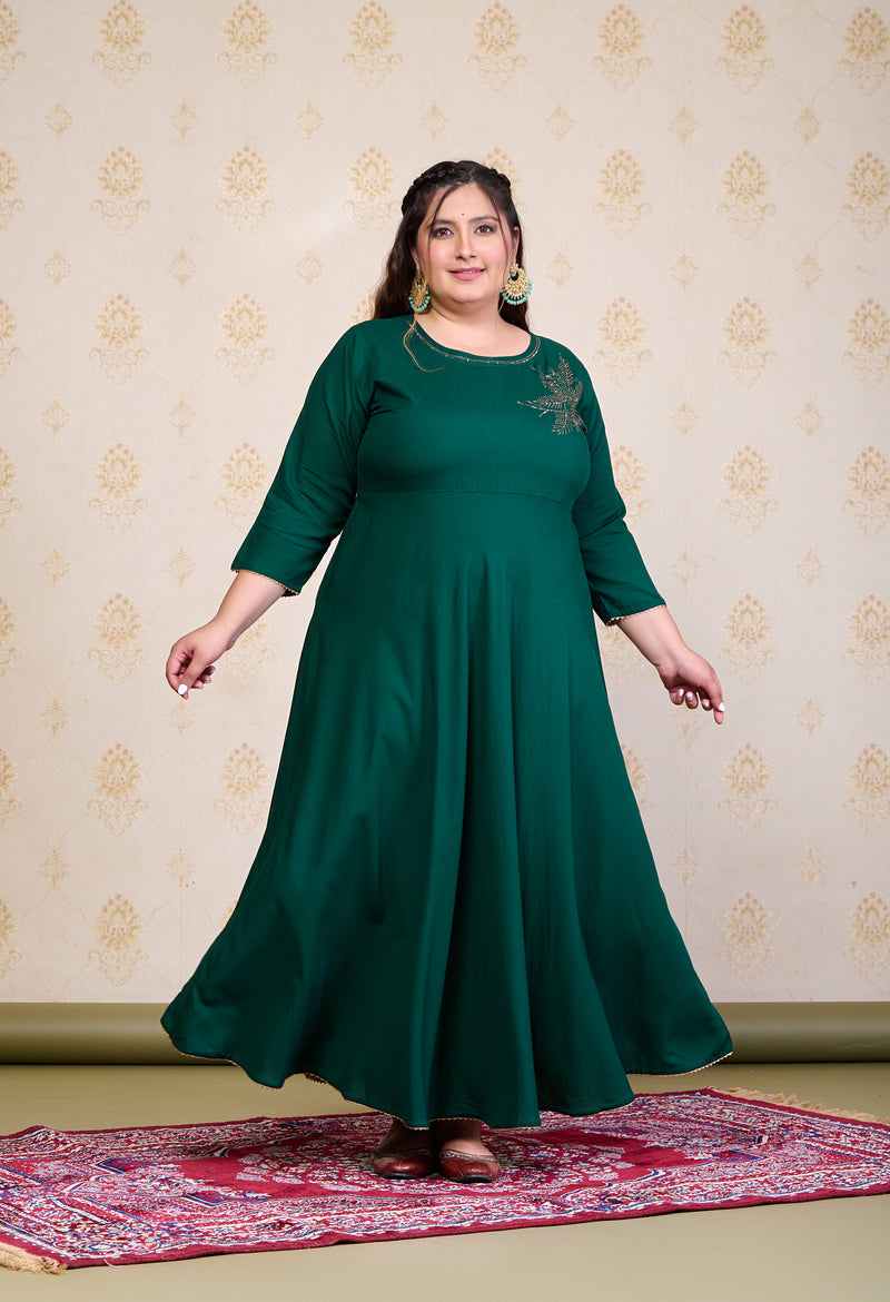 Plus Size Bottle Green Embellished Anarkali with Dupatta