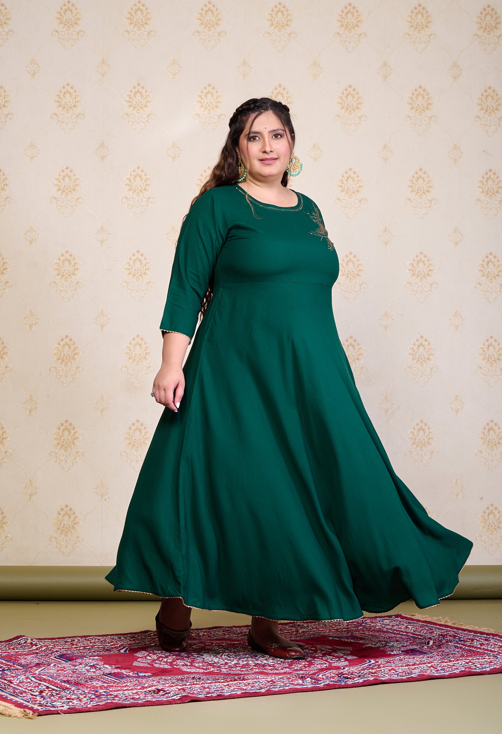 Plus Size Bottle Green Embellished Anarkali With Dupatta 4XL / Bottle Green / Rayon