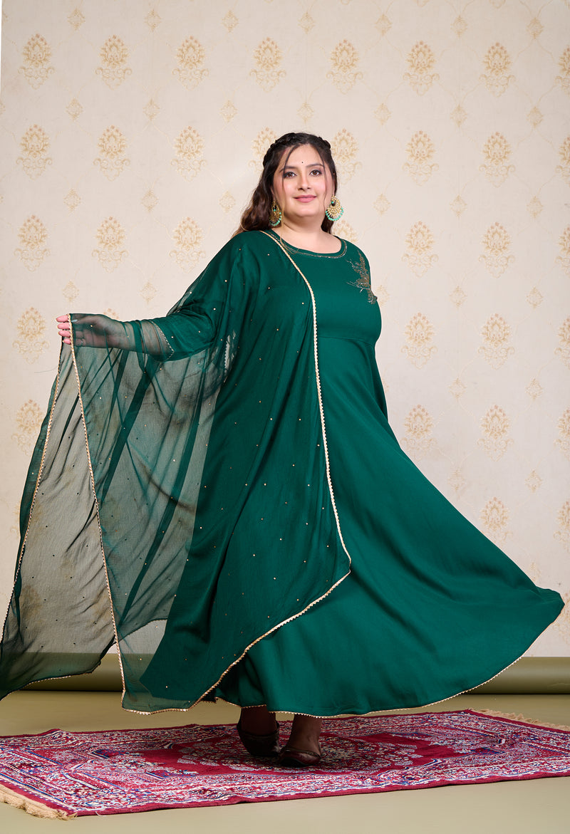 Plus Size Bottle Green Embellished Anarkali with Dupatta