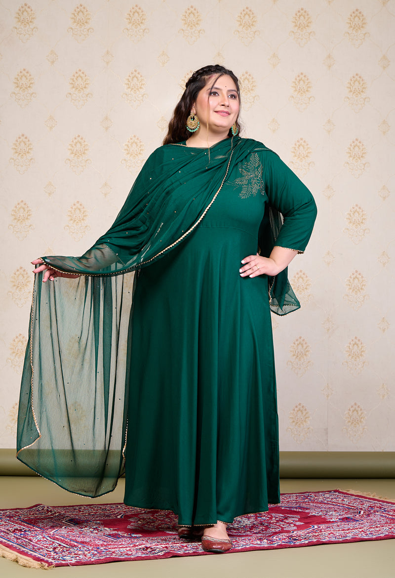 Plus Size Bottle Green Embellished Anarkali with Dupatta