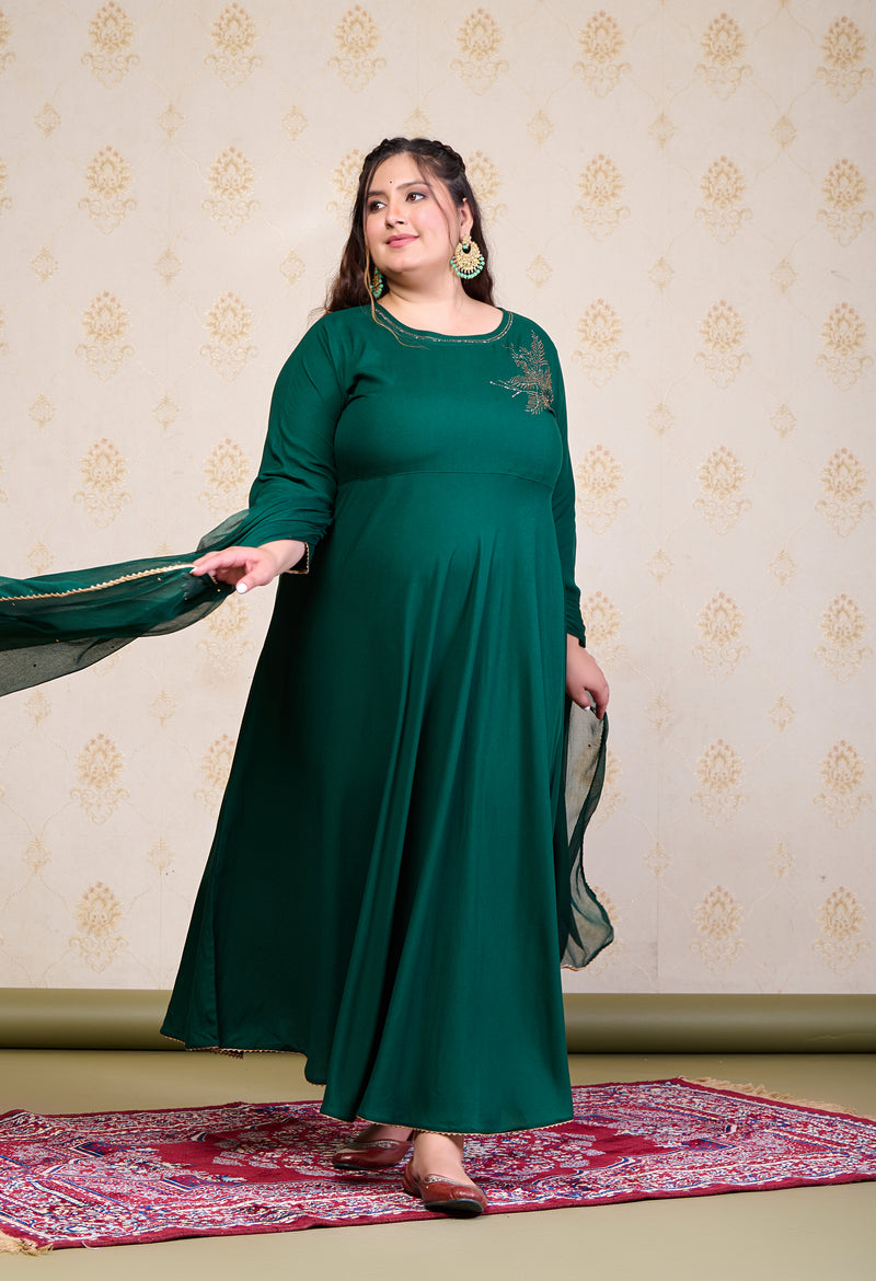 Plus Size Bottle Green Embellished Anarkali with Dupatta