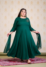 Plus Size Bottle Green Embellished Anarkali with Dupatta