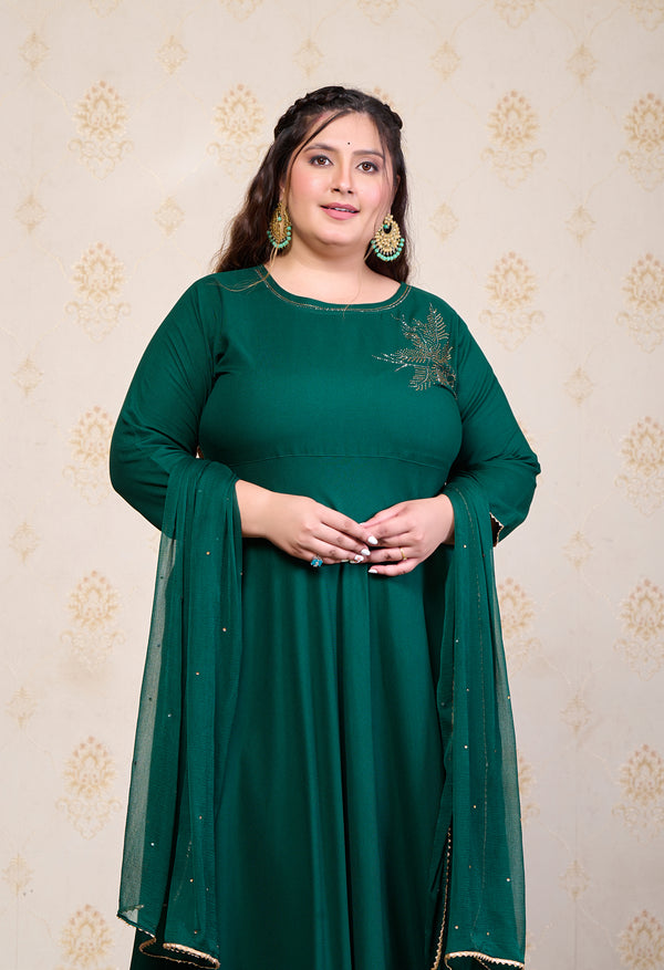 Plus Size Bottle Green Embellished Anarkali with Dupatta