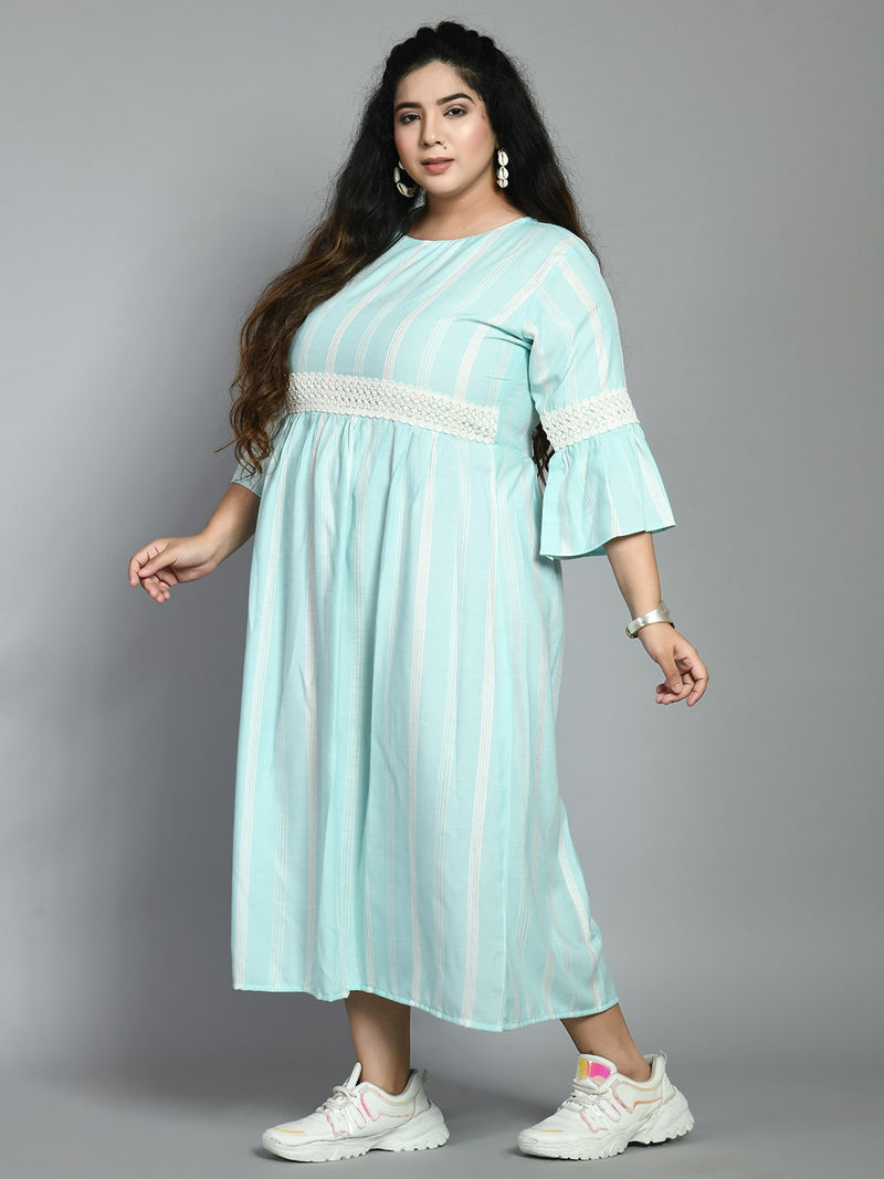 Plus Size Sea Green Striped Lace Dress