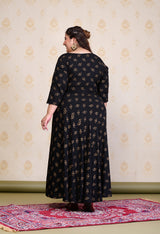 Plus Size Black Gold Printed Anarkali with Dupatta