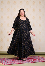 Plus Size Black Gold Printed Anarkali with Dupatta