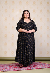 Plus Size Black Gold Printed Anarkali with Dupatta