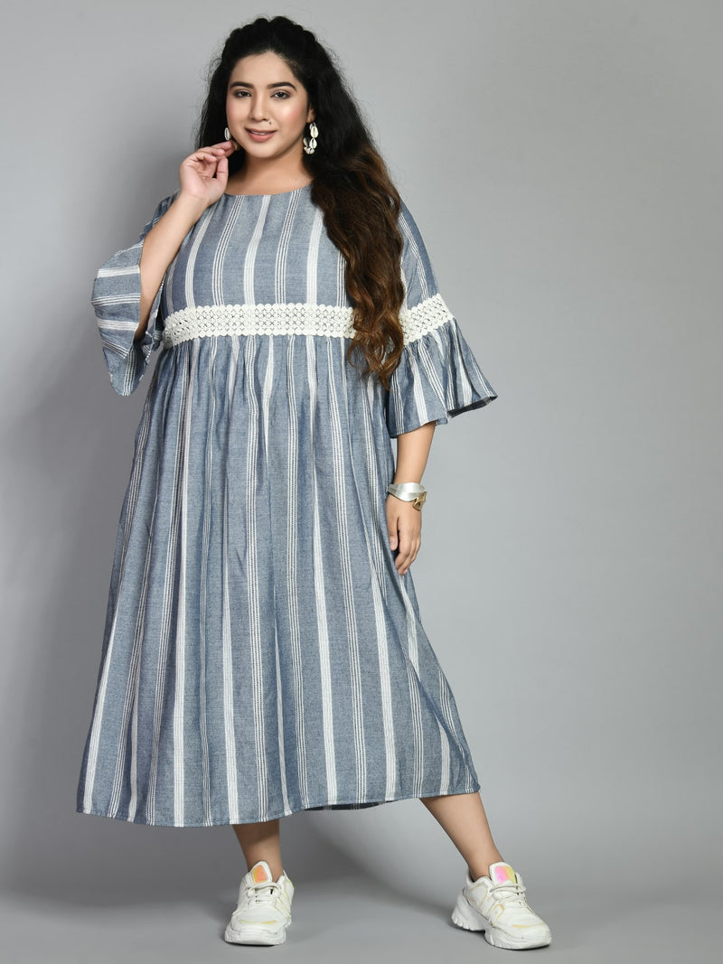 Plus Size Grey Striped Lace Dress
