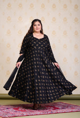 Plus Size Black Gold Printed Anarkali with Dupatta