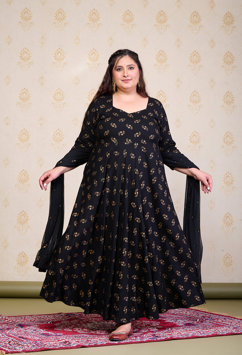 Plus Size Black Gold Printed Anarkali with Dupatta