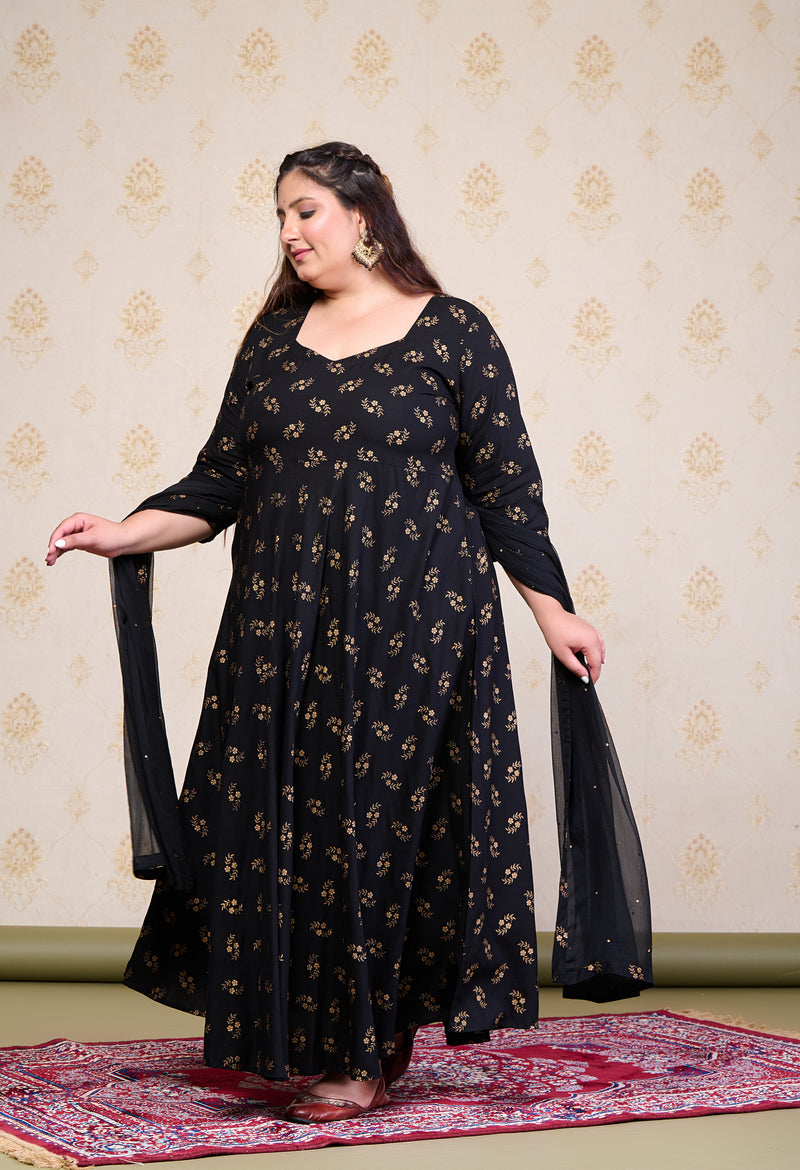 Plus Size Black Gold Printed Anarkali with Dupatta