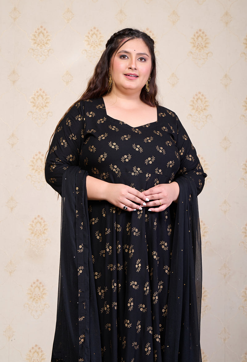 Plus Size Black Gold Printed Anarkali with Dupatta