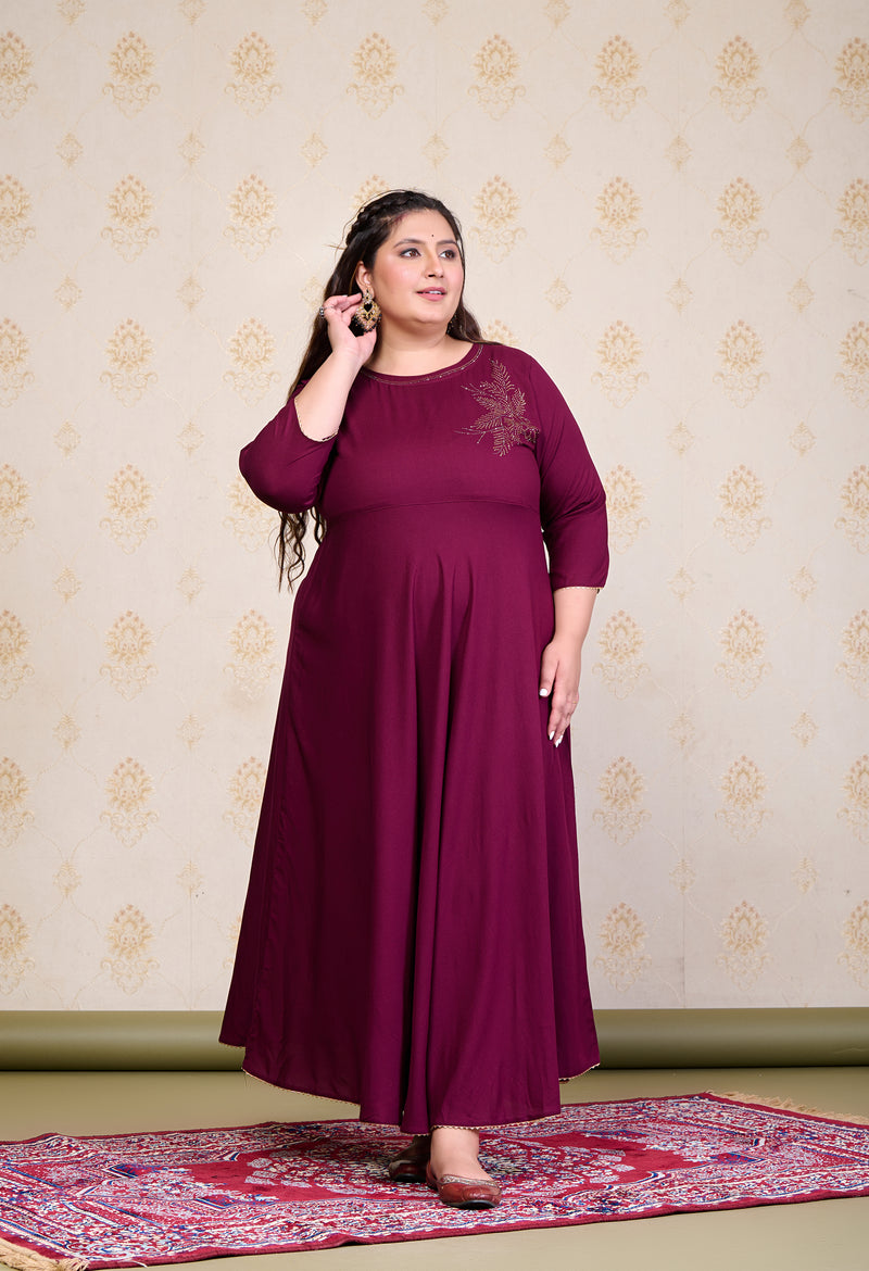 Plus Size Wine Embellished Anarkali with Dupatta