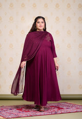 Plus Size Wine Embellished Anarkali with Dupatta