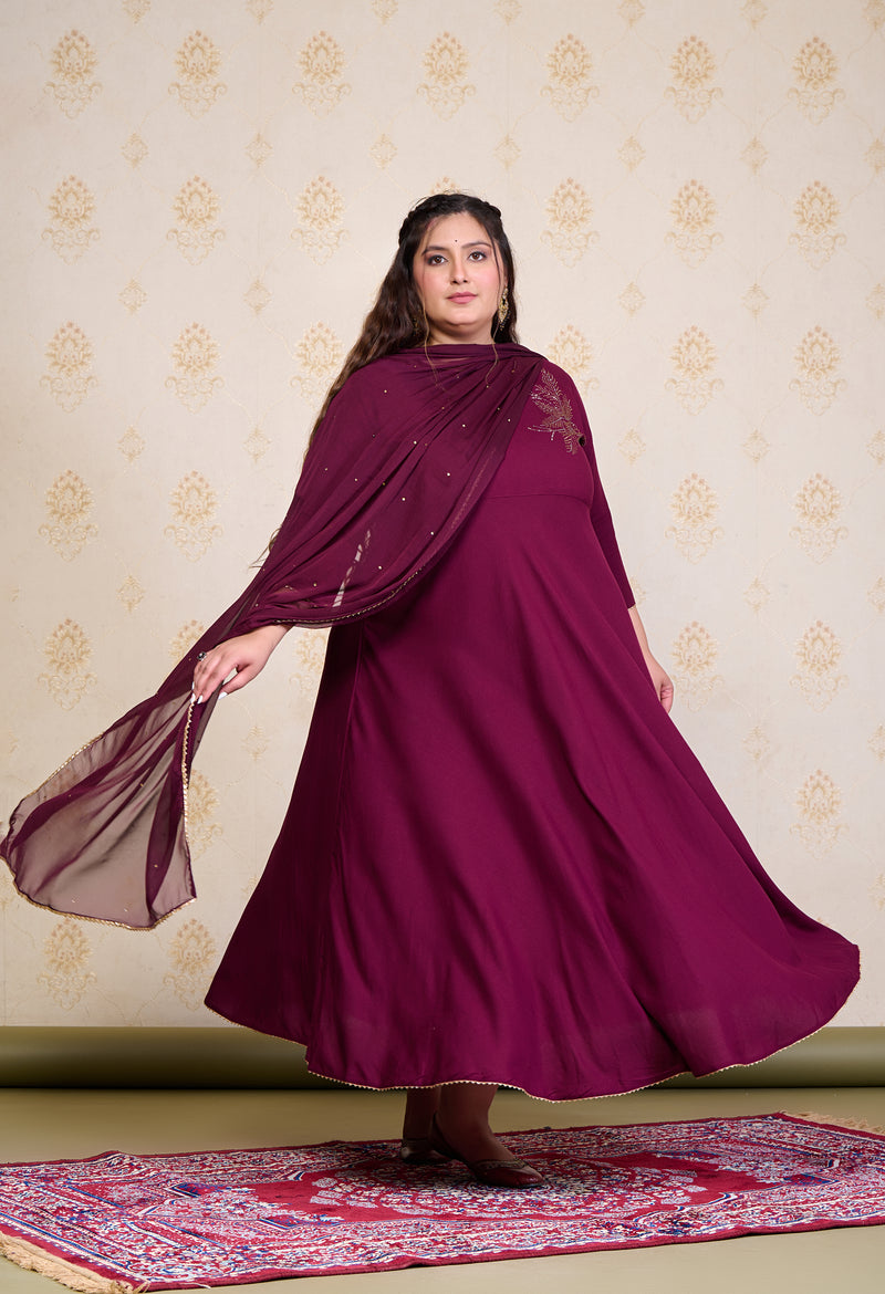 Plus Size Wine Embellished Anarkali with Dupatta