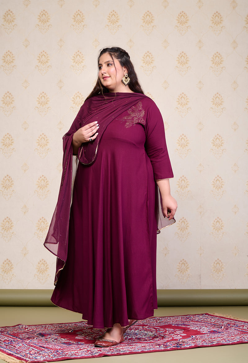 Plus Size Wine Embellished Anarkali with Dupatta