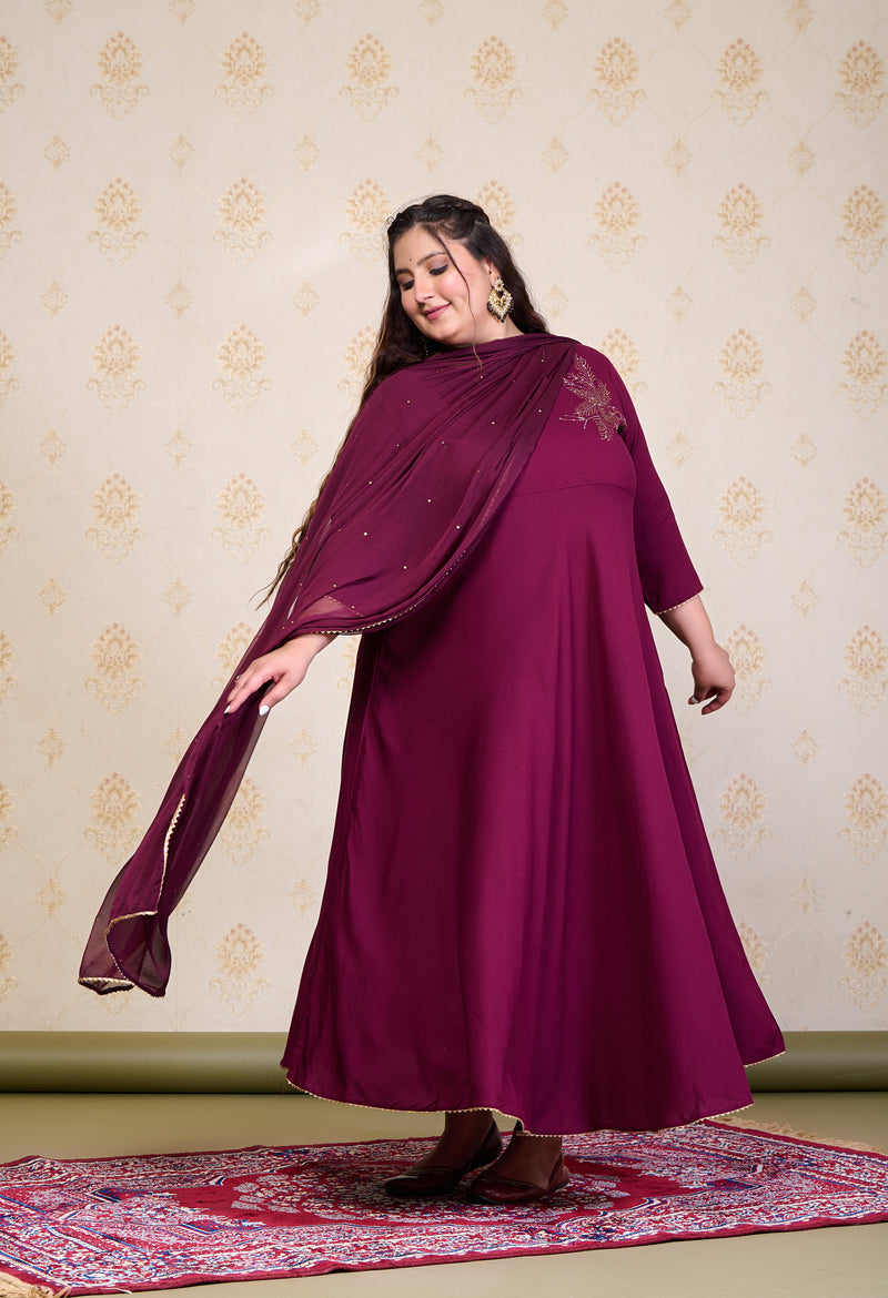 Plus Size Wine Embellished Anarkali with Dupatta