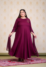 Plus Size Wine Embellished Anarkali with Dupatta