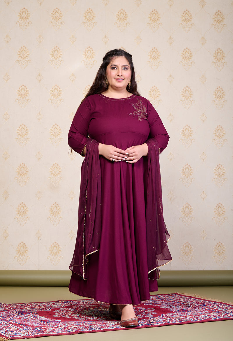 Plus Size Wine Embellished Anarkali with Dupatta