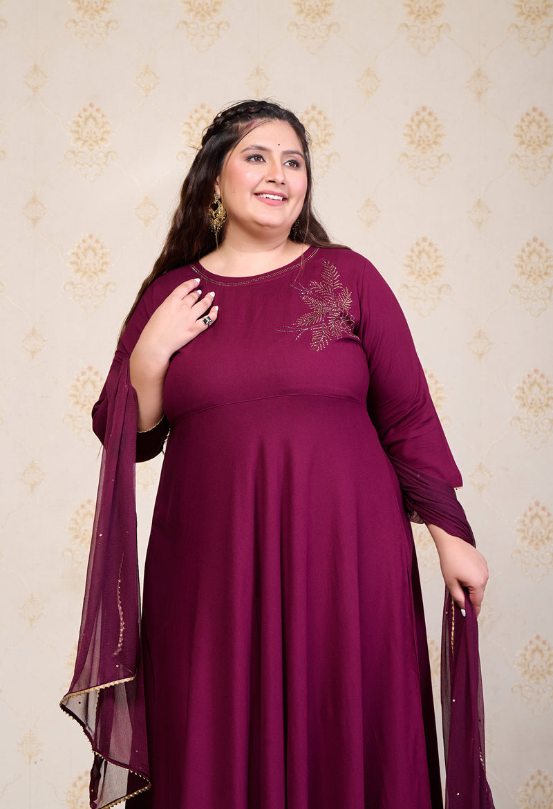 Plus Size Wine Embellished Anarkali with Dupatta