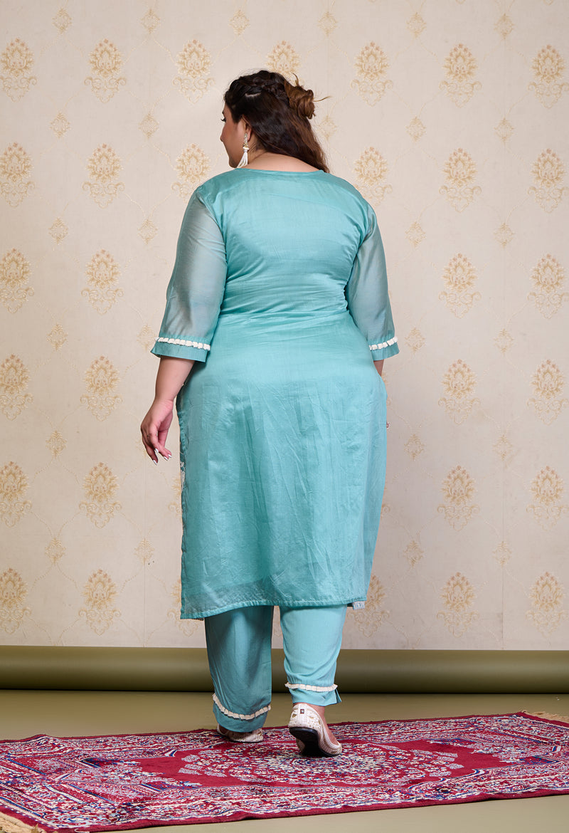 Plus Size Turquoise Embroidered Suit Set with Dupatta