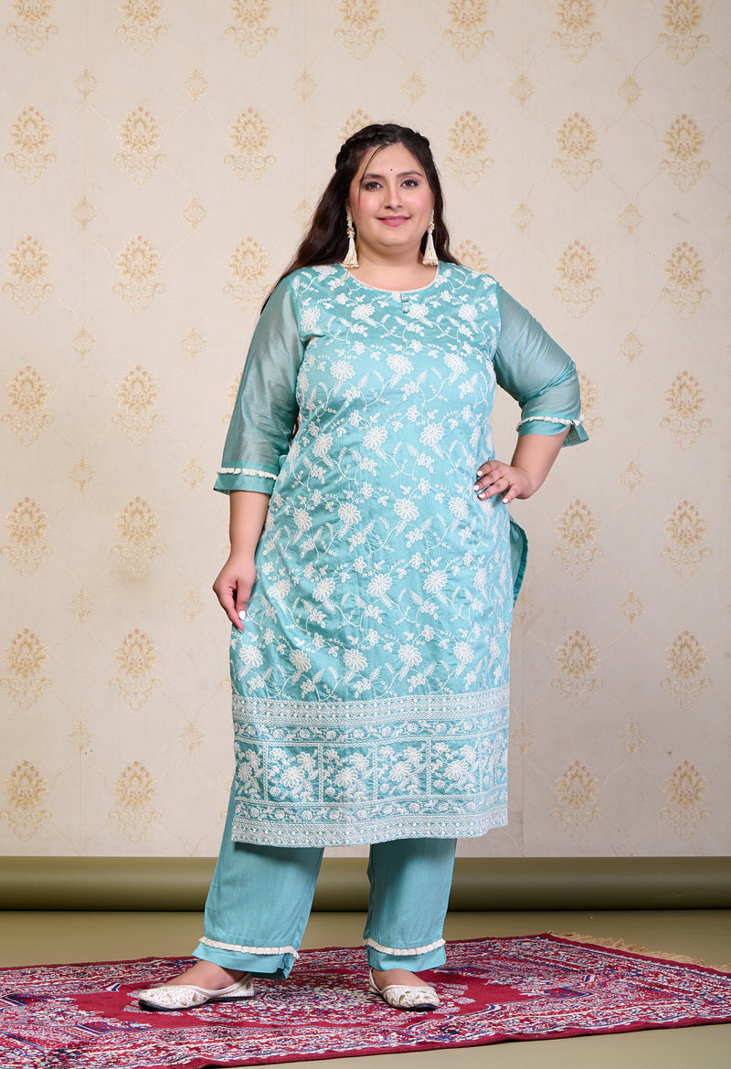 Plus Size Turquoise Embroidered Suit Set with Dupatta