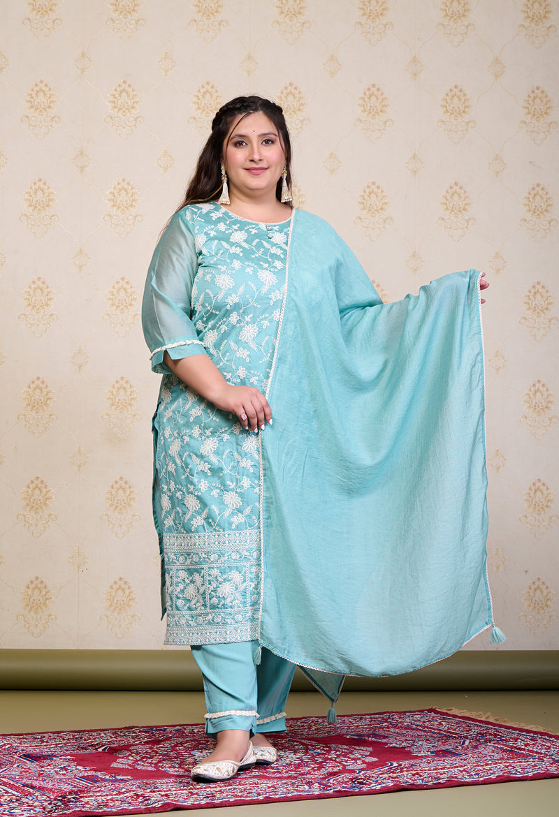 Plus Size Turquoise Embroidered Suit Set with Dupatta