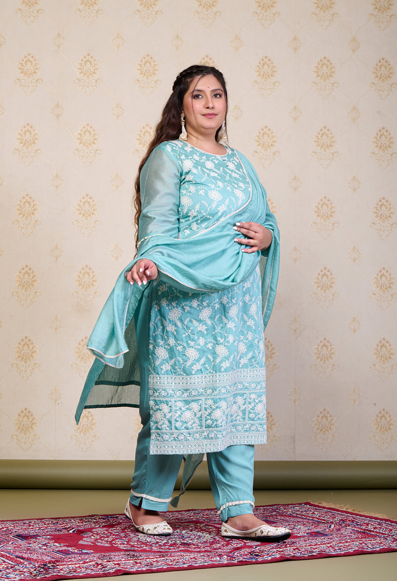 Plus Size Turquoise Embroidered Suit Set with Dupatta