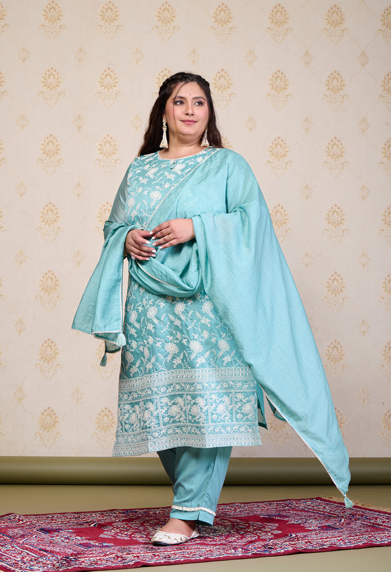 Plus Size Turquoise Embroidered Suit Set with Dupatta