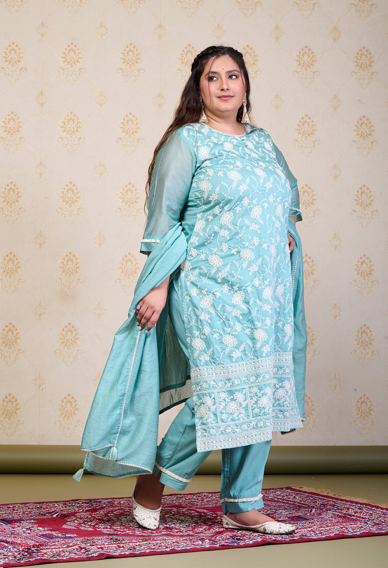 Plus Size Turquoise Embroidered Suit Set with Dupatta