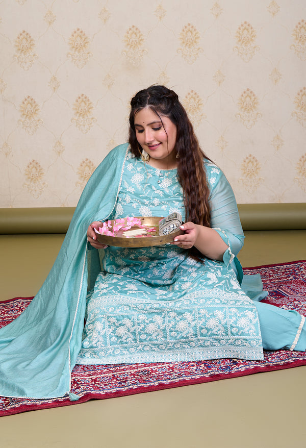 Plus Size Turquoise Embroidered Suit Set with Dupatta