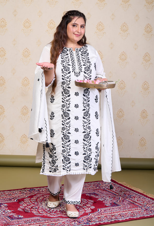Plus Size White Embroidered Suit Set with Dupatta