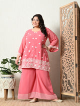 Plus Size Peach Embroidered Georgette Co-ord Set