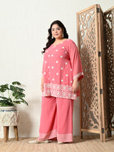 Plus Size Peach Embroidered Georgette Co-ord Set