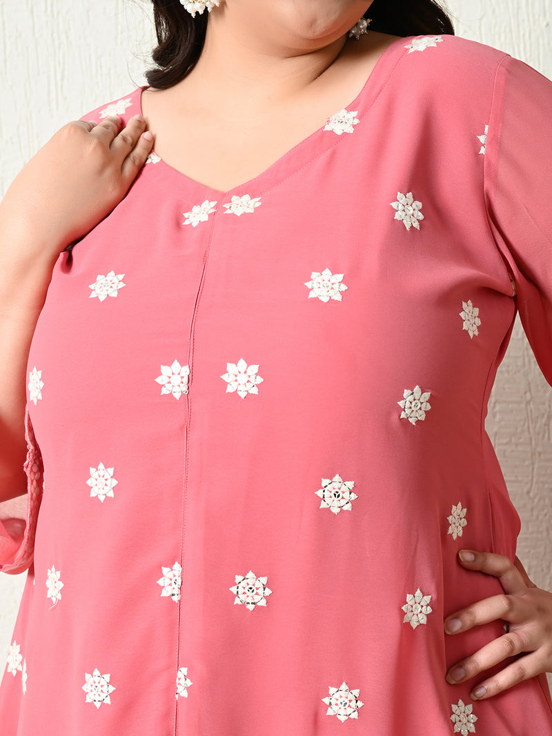 Plus Size Peach Embroidered Georgette Co-ord Set