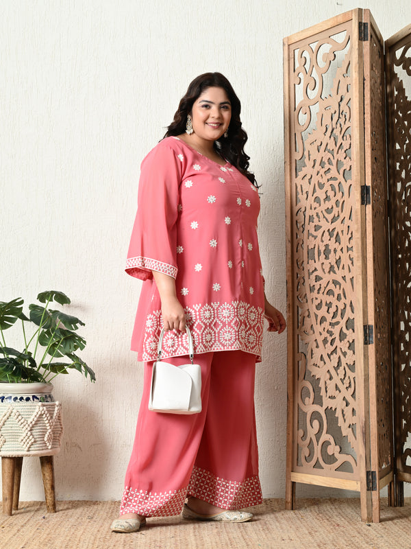 Plus Size Peach Embroidered Georgette Co-ord Set