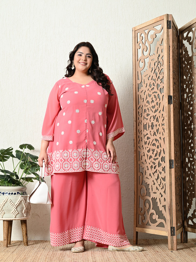 Plus Size Peach Embroidered Georgette Co-ord Set