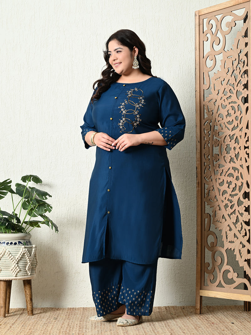 Plus Size Embellished Teal Blue Ring Kurta Set with Dupatta