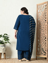 Plus Size Embellished Teal Blue Ring Kurta Set with Dupatta