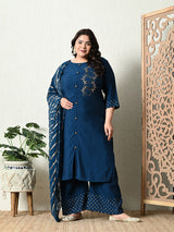 Plus Size Embellished Teal Blue Ring Kurta Set with Dupatta