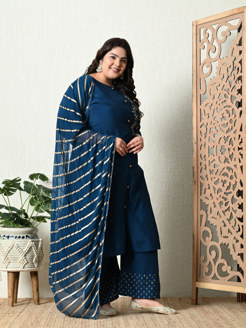 Plus Size Embellished Teal Blue Ring Kurta Set with Dupatta