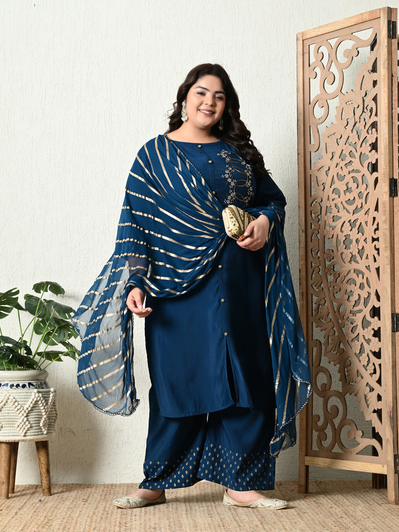 Plus Size Embellished Teal Blue Ring Kurta Set with Dupatta