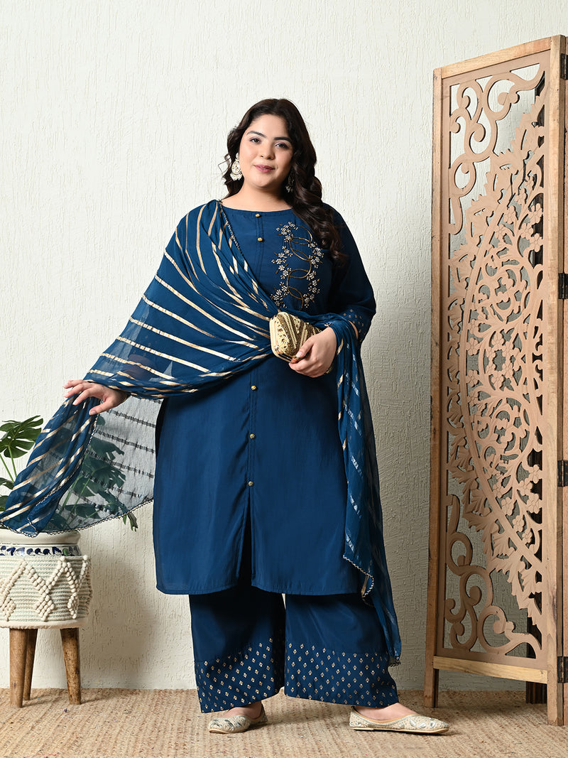 Plus Size Embellished Teal Blue Ring Kurta Set with Dupatta