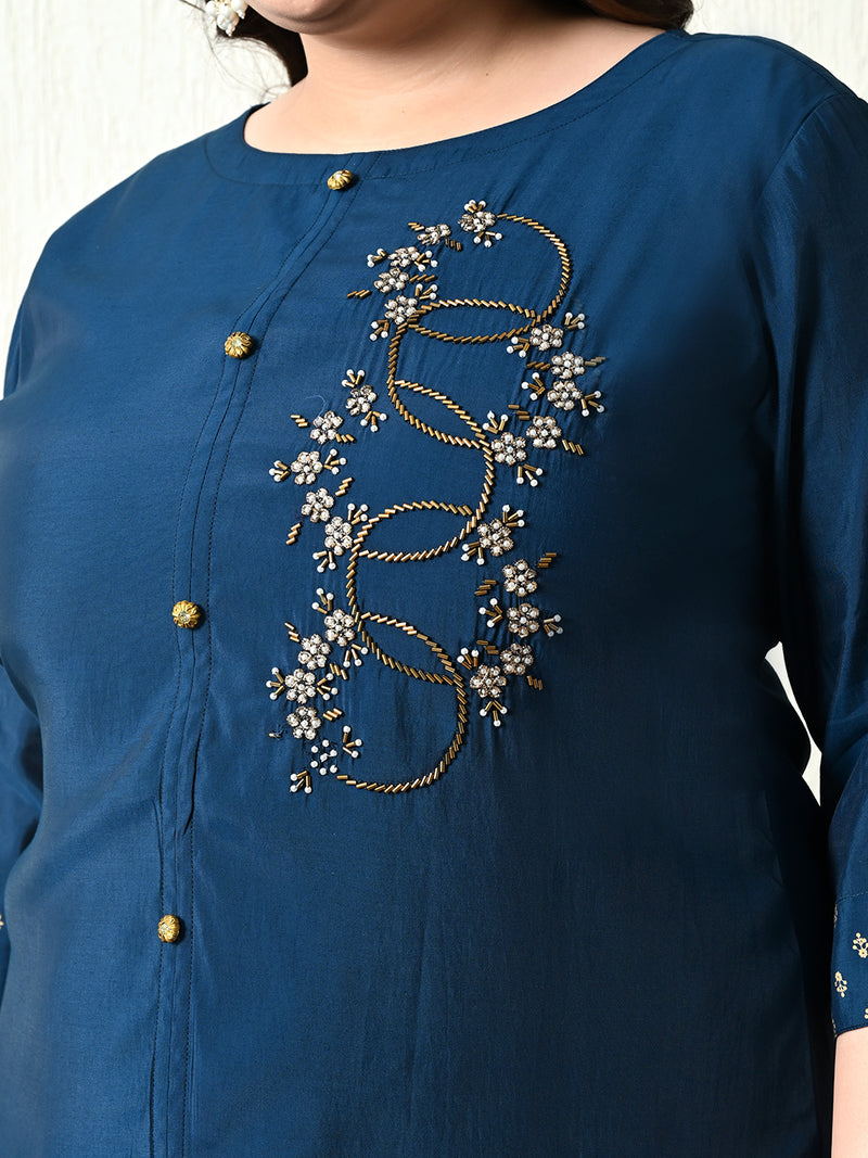 Plus Size Embellished Teal Blue Ring Kurta Set with Dupatta