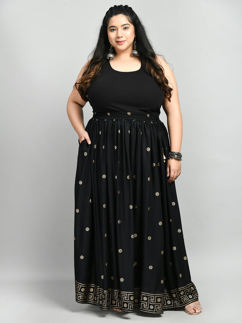 Plus Size Black Gold Printed Skirt DESINOOR.COM Plus Size Black Gold Printed Skirt DESINOOR.COM