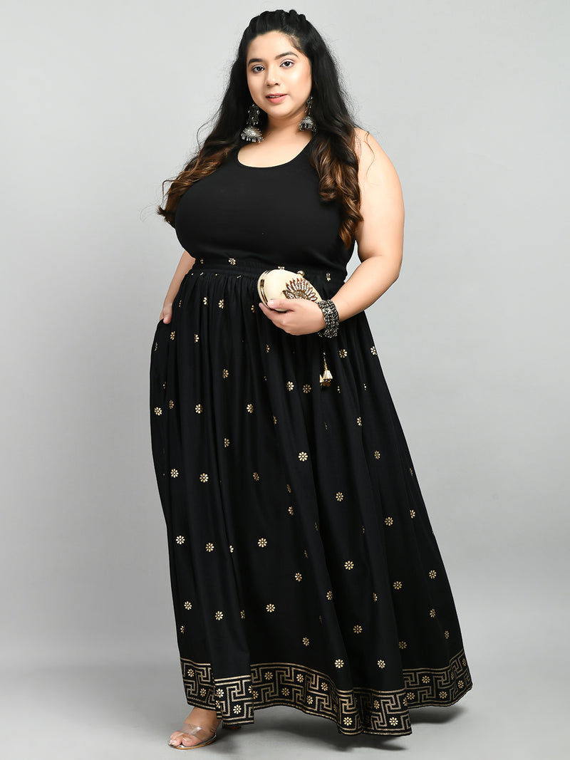 Plus Size Black Gold Printed Skirt DESINOOR.COM Plus Size Black Gold Printed Skirt DESINOOR.COM